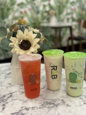 Watermelon Green Tea, Rose Oolong Milk Tea, & Honeydew Milk Tea