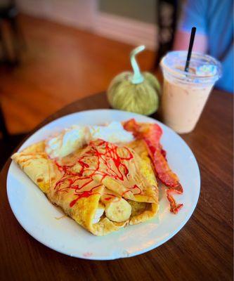 September special - PB&J Stuffed French Toast Crepe - phenomenal!! And an iced 1847 latte - also wonderful!