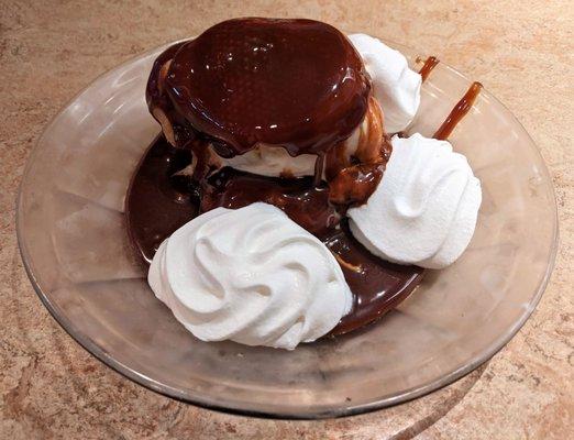 09/20/22 Cream Puff Sundae - Cream Puff, Hudsonville Vanilla Ice Cream, Hot Fudge, Whipped Cream