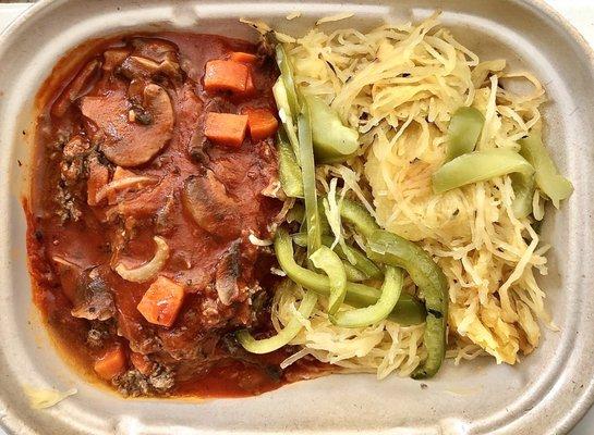 Beef bolognese over roasted spaghetti squash prior to heating it up