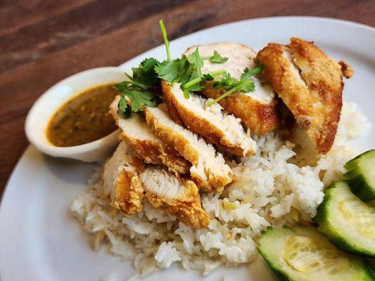 Kaow Mon Gai Tod (crispy chicken over garlic rice and spicy ginger dipping sauce)