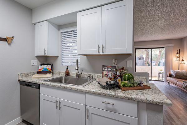 Upgraded Cabinets and countertops with a deep country stainless steel sink.