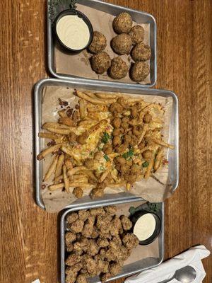 Crawfish fries, fried alligator, boudin balls