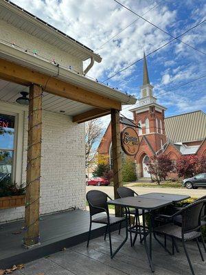 Outdoor Patio with view of church