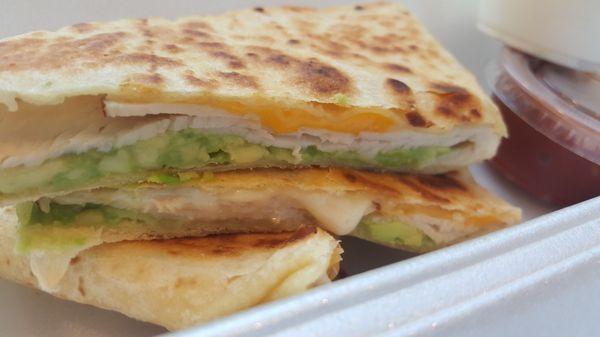 Turkey Quesadilla.  Order comes with 3 small quesadillas.  Turkey, avocado and cheese in tortilla toasted to PERFECTION.