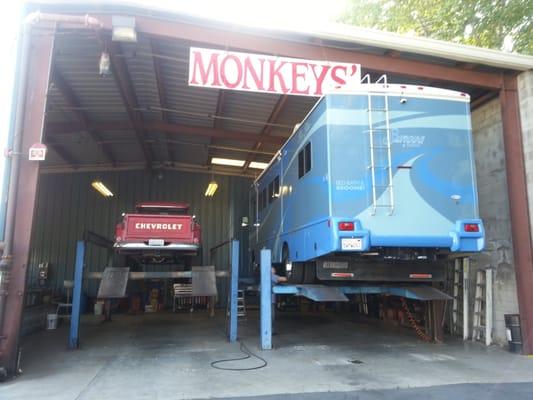 Monkey's is well equipped to handle RVs with these lifts and several other service bays.