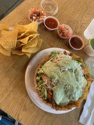 Chicken salad taco bowl, chips, side of (left to right) pico, mild salsa, pico (yes I like pico) and hot salsa.