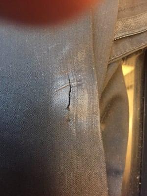 You could clearly see that there is 2 haves of a crease on the burn /tear in my pants which occurred during the press