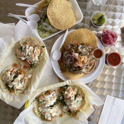 Camaron tacos, Pescado tacos, Tostada aguachile, Tostada Loco ceviche