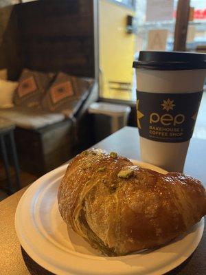 Pistachio croissant and large Cappuccino