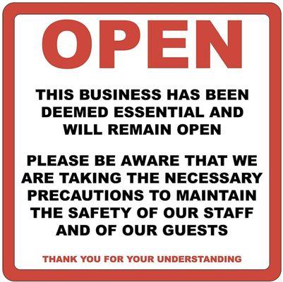 WE ARE DEEMED AN ESSENTIAL BUSINESS BY THE STATE OF CALIFORNIA. THEREFORE WE WILL REMAIN OPEN.