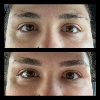 Before (top) and after (bottom) eyebrow wax by Jessica