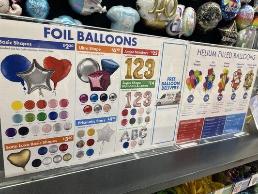 Prices on helium foil balloons