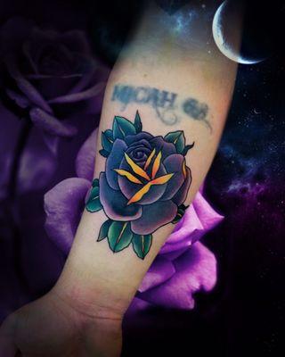 Traditional Purple and Gold rose by Jonathan White   Follow him on Instagram at www.instagram.com/jonwhitetattoos