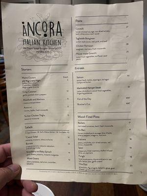 Dinner menu