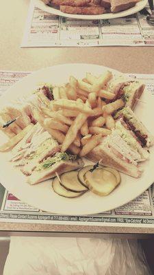 Turkey Club with fries.