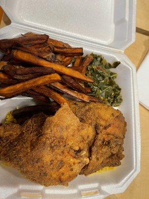 Fried chicken, yellow rice, collard greens, and sweet potato fries