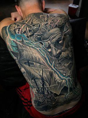 Poseidon and ship full back piece by David Wuertemburg at Dark Heritage Tattoo in Anaheim, CA.