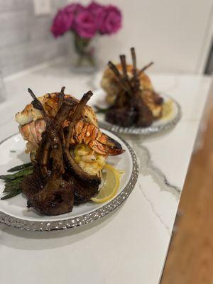 Surf and Turf Dinner for 2 
Lamb Chops,Lobster tails,Seafood Twice baked potatoes and Asparagus.