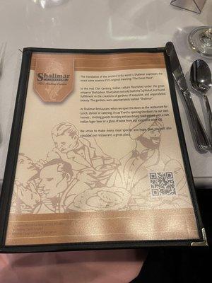 Shalimar menu - front page