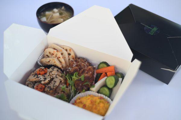 Organic bento to go: lotus root, shio koji chicken, homemade pickles, kabocha salad, mushroom rice, barley miso soup