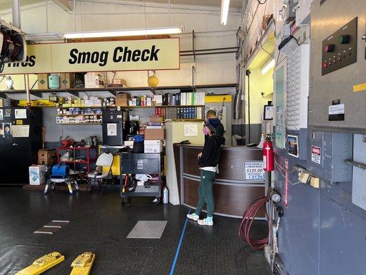 Waiting on the smog check. Friendly service from the staff