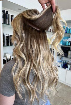 Custom dimensional blonde and two rows of hand tied hair extensions