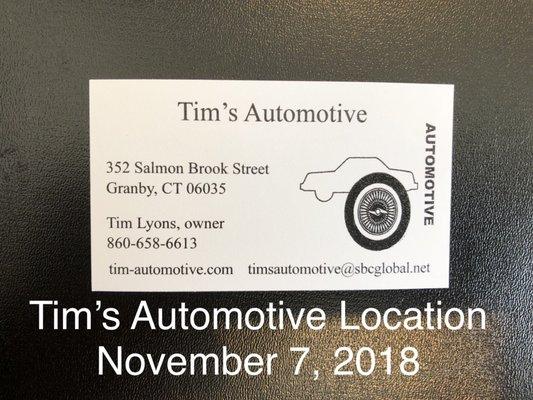 Tim's new Location, 352 Salmon Brook Street, Granby, Connecticut 06035, November 7, 2018