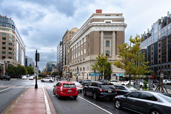 View of the National Museum of Women in the Arts building from outside showing the Neoclassical building from one corner.