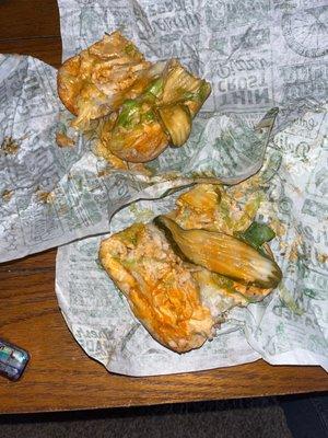 Buffalo chicken, "no lettuce" and pickle slices