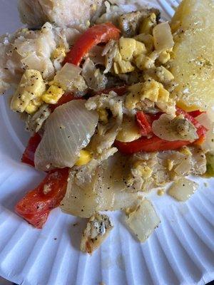 "Peppers, Onions, Saltfish w/ a SPRINKLE of Ackee"