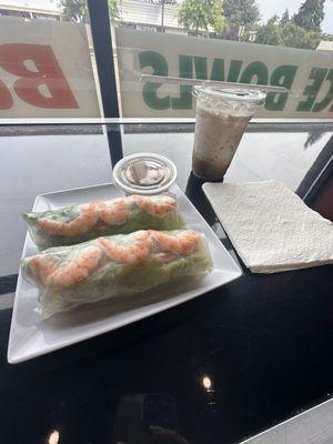 Shrimp fresh roll and iced coffee, both very delicious