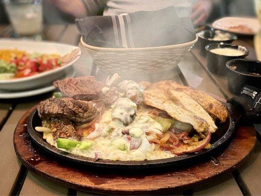 Ultimate Fajitas, from left, skirt steak, bacon wrapped shrimp, and chicken. These really hit the spot!