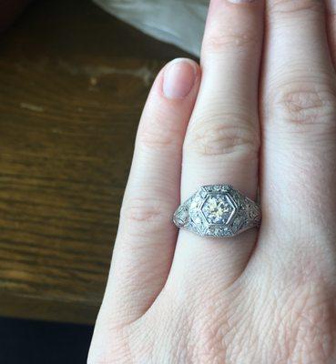 My Gorgeous Vintage Engagement Ring. Platinum band with hand-carved filigree and a superb European cut diamond.