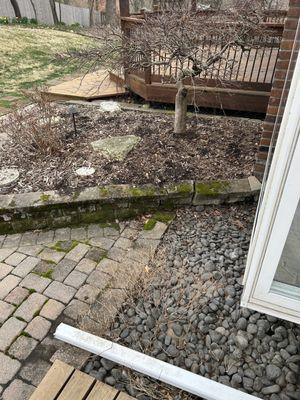 Area between two decks in the backyard that is a collection point for leaves.