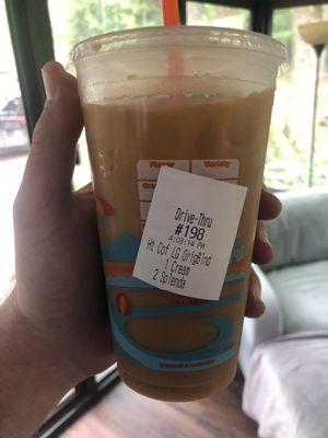 Ordered lg hot, sticker says large hot. This is a very cold coffee.