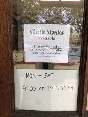 cloth masks available! made locally. also adjusted hours for the shelter in place.