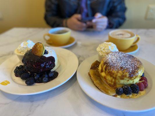 Green tea, blueberry cheese pancakes, cappuccino, crème brûlée pancakes