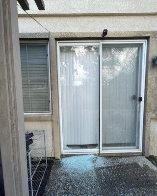 Before: Dual Pane Vinyl Fixed Panel on Patio Door Shatters