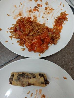 Sesame chicken (mixed with fried rice) and spring roll.