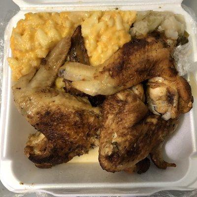 Wings, macaroni and cheese, cabbage