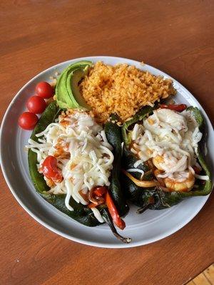 Roasted peppers with grilled shrimp and rice.    Delicious.