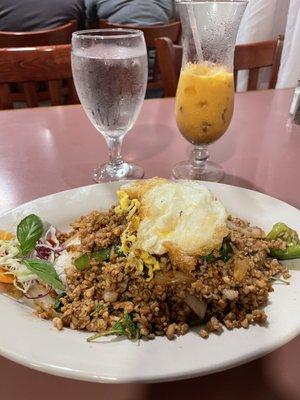 Pork pad kra prow with Thai tea.