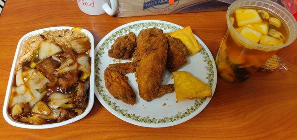 Meal: Pepper steak with house special fried rice, fried chicken, house special soup and 2 crab rangoons.