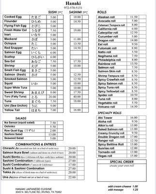 Updated Sushi Menu 2020