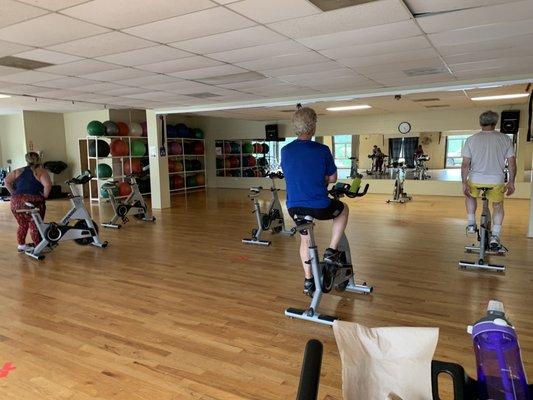 Spin class with separation. Masks worn until on bike