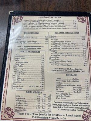 Breakfast menu