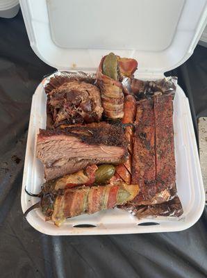 Pulled Pork, ribs, brisket jalapeño cheddar sausage and Texas Twinkies