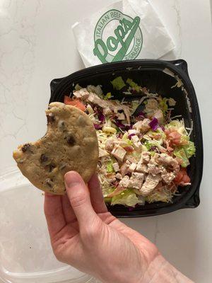 Chopped chicken salad and chocolate chip cookie