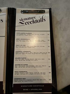 Signature cocktail menu